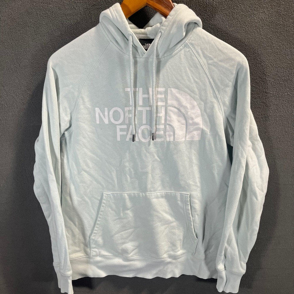 The North Face Womens Light Blue Logo Pullover Hoodie Size Small Raglan Sleeve